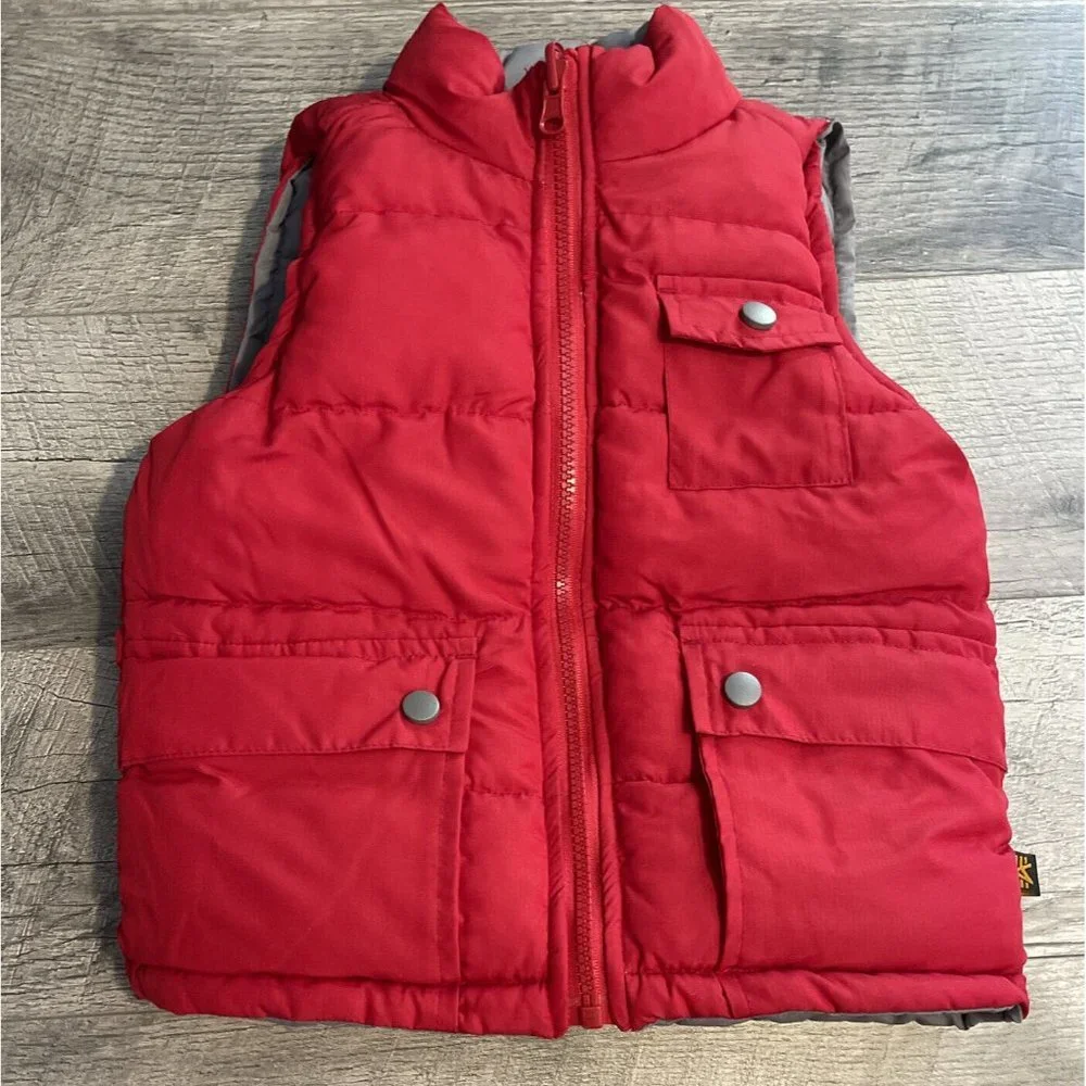 Alpha Industries‎ Puffer Vest Boys 3T Red Gray Reversible Pockets Snap Outerwear